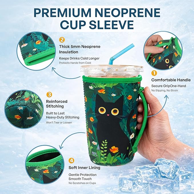 KJQJLY 3 Pack Reusable Iced Coffee Sleeves for Iced Coffee Cups or Drinks Reusable Neoprene Insulated Sleeves for Hot and Cold Drinks from Starbucks, Dunkin, And More (Black Cat)