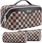 BOYATU Travel Makeup Bag Organizer Cosmetic Bag: 3 Pcs Set Make up Bags for Women with Handle - Waterproof Vegan Leather Toiletry Bag (01-H-Coffee)