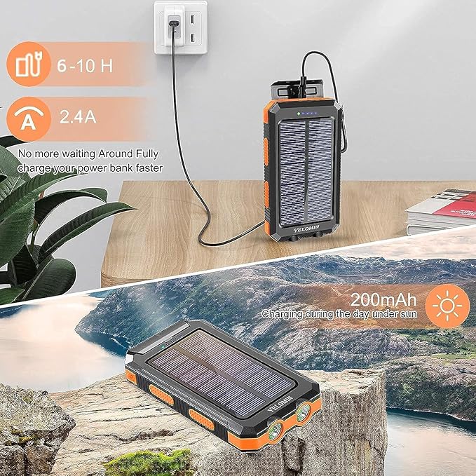 Solar Charger Power Bank 20000mAh Portable Charger with 4 Built-in Cables and USB-C in/Output, Dual Emergency Flashlights, Waterproof Outdoor Battery Pack for Camping, Hiking, Travel, and Storm Prep