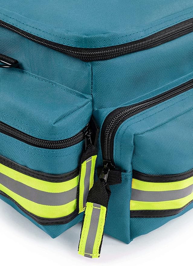 Scherber First Responder Fully-Stocked Professional Essentials EMT/EMS Trauma Kit | HSA/FSA Approved | Reflective Bag w/8 Zippered Pockets & Compartments & 200+ First Aid Supplies - Blue