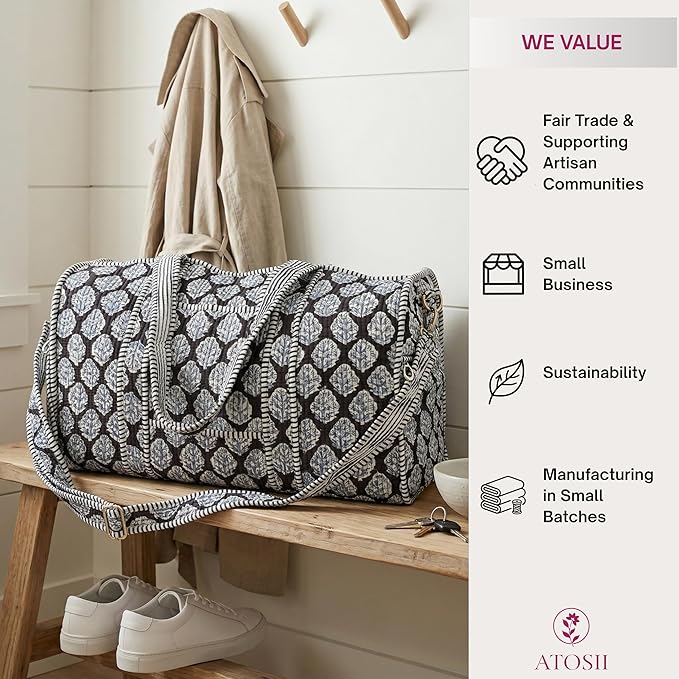 ATOSII Handblock Print 100% Cotton Large Quilted Duffle Bag for Overnight Trip, Travel Weekend Bag, Luggage, 2 Pockets with Zipper, 1 Front Pocket, Detachable Long Strap, 20 X 10 X 12 Inches, Gracie