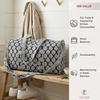 ATOSII Handblock Print 100% Cotton Large Quilted Duffle Bag for Overnight Trip, Travel Weekend Bag, Luggage, 2 Pockets with Zipper, 1 Front Pocket, Detachable Long Strap, 20 X 10 X 12 Inches, Gracie