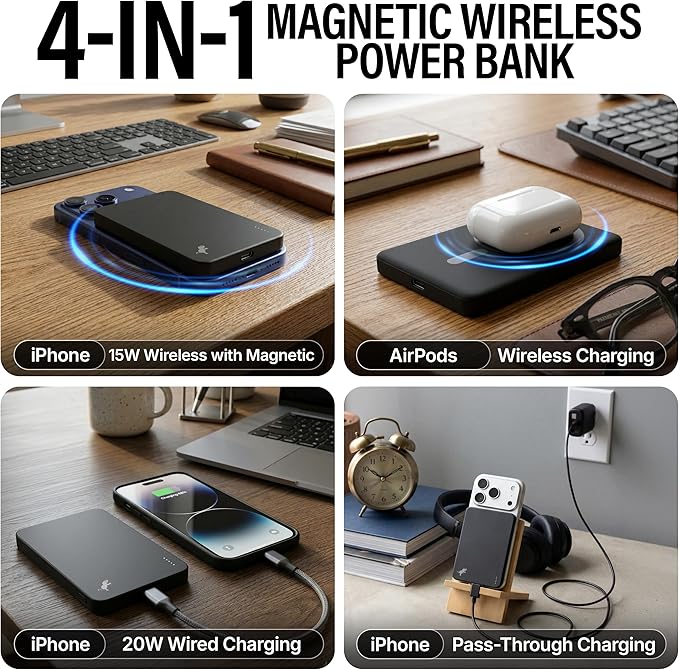 Nimble Champ Wireless 5K Portable Charger for Back of Phone, 5,000mAh Magnetic Wireless Power Bank, Qi2 Certified Fast Charging, Slim MagSafe-Compatible Battery Pack for iPhone 17/16/15/14 Series