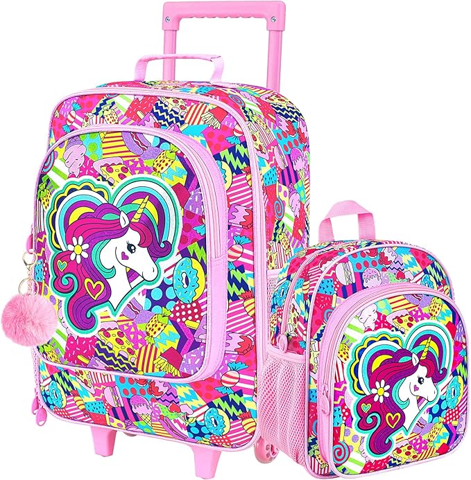 2Pcs Girls Luggage Set, 18" Kids Unicorn Carry on Suitcase with Wheels, Cute Unicorn Travel Rolling with 12" Toddler Backpack(Pink)
