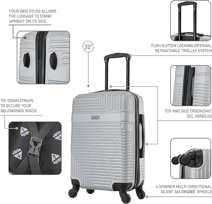 InUSA RESILIENCE Luggage with Spinner Wheels | Durable Lightweight Hardshell Suitcase, Spacious Travel Bag with Handle and Trolley | 20-Inch Carry On Small Luggage | Silver