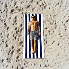 COTTON CRAFT Oversized Beach Towels - Set of 2 - XXL 35x84 The Big Kahuna 7 Foot Extra Large Beach Blanket Towel - Big & Tall - Huge 100% Cotton Velour Soft Luxury Pool Bath Towel - Cabana Stripe Navy