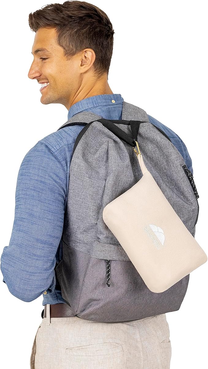 BlueHills Lightweight Travel Blanket Pillows Compact for Two Airplane Traveling Essentials Flight Throws in Bag case with Backpack Clip Compact Large Plane Accessories – Gray and Beige