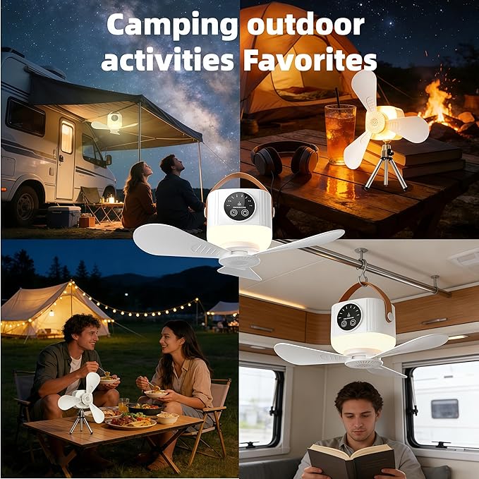 Battery Operated Ceiling Fan&desktop fan 11" PortableCamping RV Tent Fan with Light & Remote - Hanging & desktop Rechargeable Remote Fans for Gazebo Patio Canopy BeachDormitory Bedroom