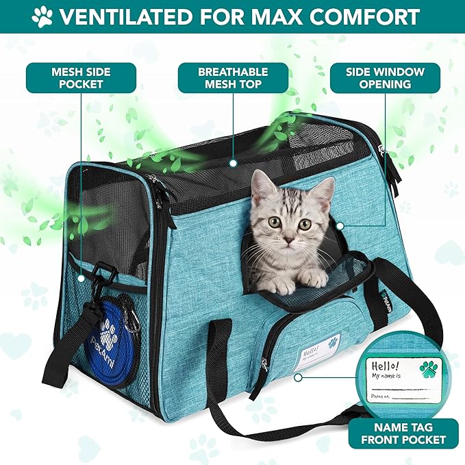 PetAmi Airline Approved Pet Carrier for Cats & Small Dogs, Soft Sided TSA Travel Carrier Bag Sherpa Bed, Breathable Mesh Ventilation, Collapsible Bowl, Fit Under Seat, Up to 18 lbs, Large Heather Blue