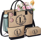 Personalized Gifts for Women Tote Bag, Initial Jute Tote Bag & Makeup Bags Monogrammed Beach Bag w/ Zipper, Mothers Day Birthday Gifts for Women Her Friends Mom Daughter Sister Grandma Teacher Nurse