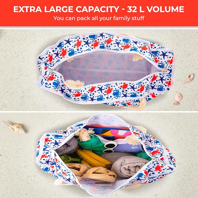 Beach Bag and Pool Bag Has Cooler Pocket, 7 Pockets Total, Zip Top. Family Size Waterproof Beach Tote