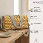 ATOSII Handblock Print 100% Cotton Large Quilted Duffle Bag for Overnight Trip, Travel Weekend Bag, Luggage, 2 Pockets with Zipper, 1 Front Pocket, Detachable Long Strap, 20 X 10 X 12 Inches, Flax