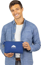 BlueHills Lightweight Travel Blanket Pillows Compact for Two Airplane Traveling Essentials Flight Throws in Bag case with Backpack Clip Compact Large Plane Accessories – Gray and Navy Blue