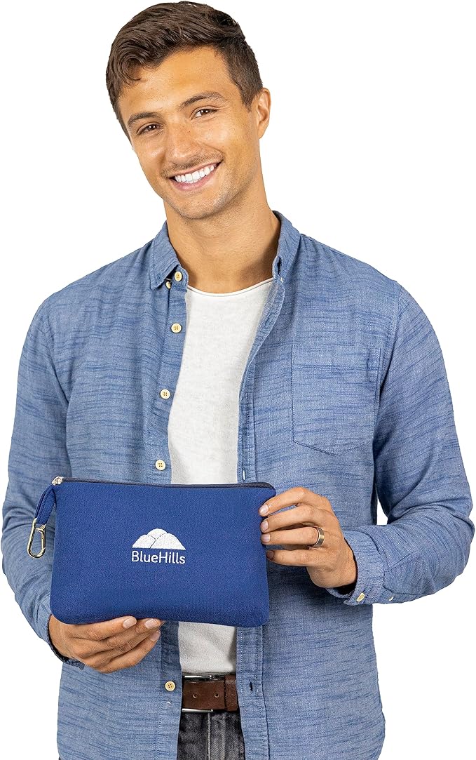 BlueHills Lightweight Travel Blanket Pillows Compact for Two Airplane Traveling Essentials Flight Throws in Bag case with Backpack Clip Compact Large Plane Accessories – Gray and Navy Blue