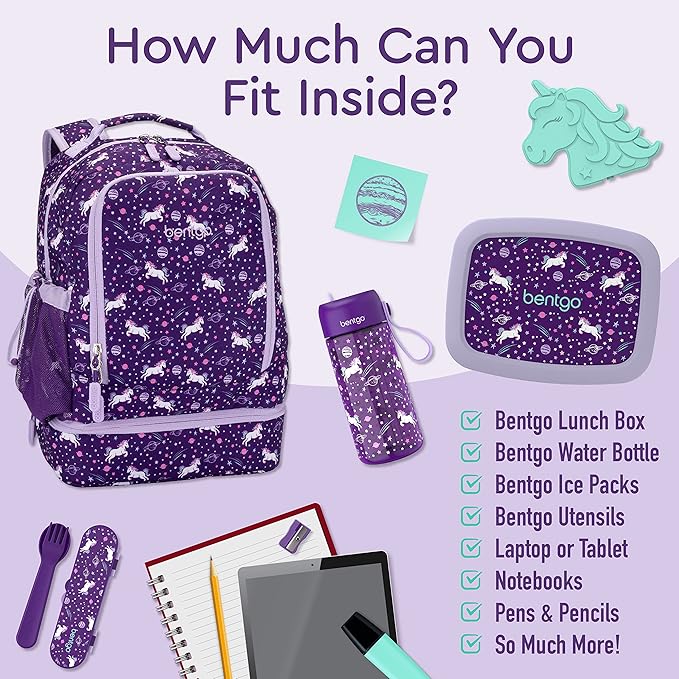 Bentgo Kids 2-in-1 Backpack & Insulated Lunch Bag - Durable 16” Backpack & Lunch Container in Unique Prints for School & Travel - Water Resistant, Padded & Large Compartments (Unicorn)