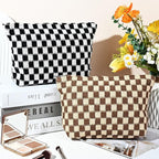 SOIDRAM 2 Pieces Makeup Bag Large Checkered Cosmetic Bag Capacity Canvas Travel Toiletry Bag Organizer Cute Makeup Brushes Aesthetic Accessories Storage Bag for Women, Checkered L Black Brown