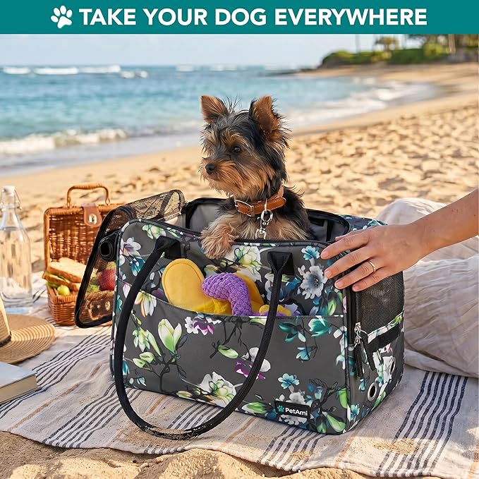 PetAmi Dog Purse Carrier for Small Dogs Cats, TSA Airline Approved Soft-Sided Pet Carrier with Pockets, Ventilated Travel Tote Bag with Bed & Shoulder Strap, Puppy Kitten, Max 12 lbs, Floral Gray