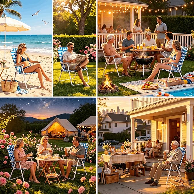 Folding Patio Lawn Webbed Chair Set of 2, Portable Outdoor Beach Chair for Adults, Camping Chair Steel Frame 300lbs Capacity for Yard, Garden Dining, Party, Picnic, Blue