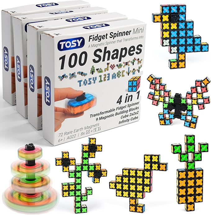 TOSY Magnet Fidget Spinner Mini - 8 Blocks, 3in1 Toy: Transformable Fidget Spinner, Infinity Cube, 2x2 Puzzle Cube, Easter Basket Stuffers Gift for Kids/Adult, STEM Sensory Stress Relief Toy, 4-Pack
