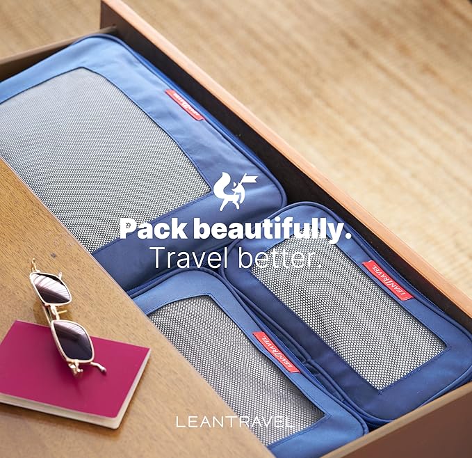 LeanTravel Premium Compression Packing Cubes for Travel - Suitcase Organizer Bags with Double Zipper & Breathable Mesh Panel - Space Saving Carry On Luggage Essentials (4-Pack, Navy Blue)