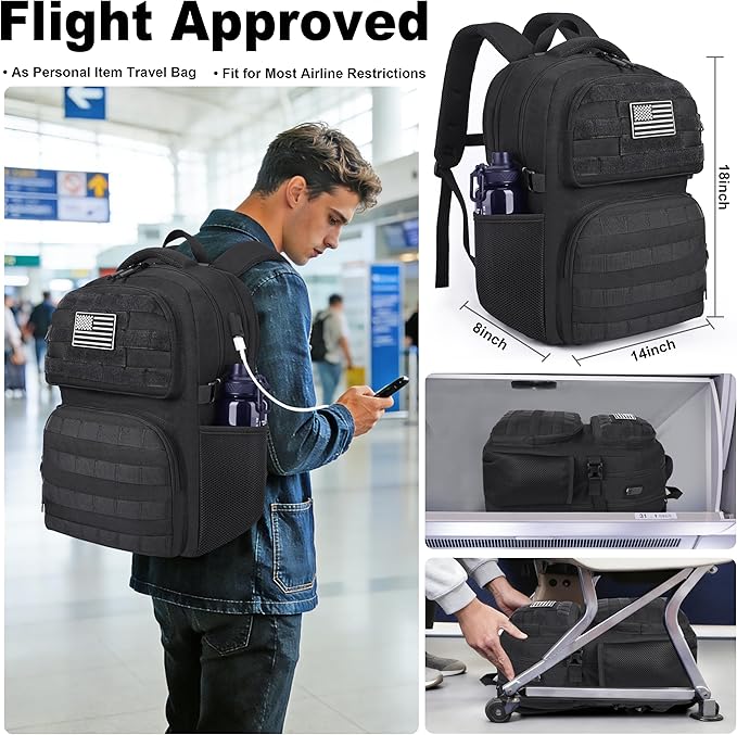 MOZETO Laptop Backpack, 17 Inch Tactical Inspired Utility Large Laptop Backpacks for Men with USB Charger Port 18x14x8 Flight Approved Personal ltem Travel Bag Computer Bag