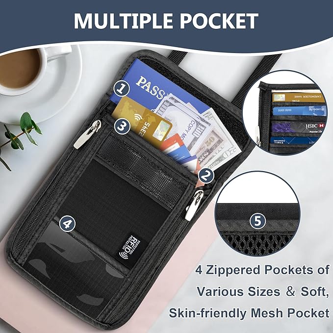 Likesing 5.5" L x 7.7" W Travel Neck Wallet, RFID Blocking Passport Holder for Travel Women Men, Security Passport Wallet with 10 Card Slot, Neck Pouch Gifts for Traveling Family (Grey)