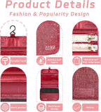 Toiletry Bag Travel Bag with Hanging Hook, Waterproof Capacity Hanging Multifunctional Makeup Bag for Toiletries, Portable Cosmetic Bag Travel Organizer for Women and Men (Red)