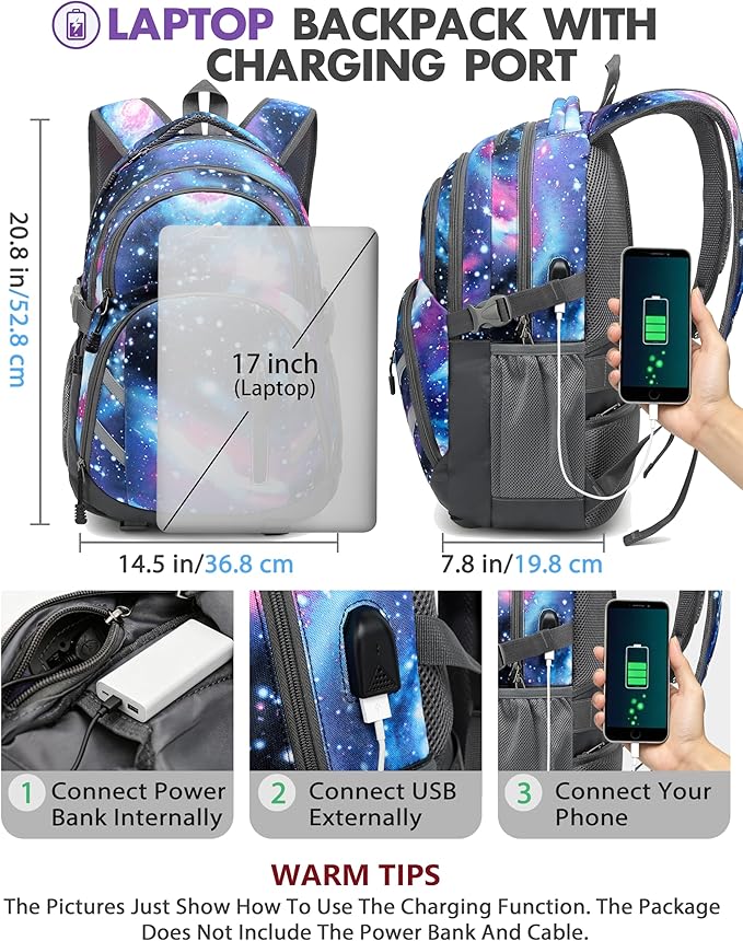 ProEtrade Extra Large Backpack Bookbag for College Laptop Travel, Fit Laptop Up to 17 inch with USB Charging Port Multi Compartment Anti theft, Gift for Women Men (Light Galaxy)
