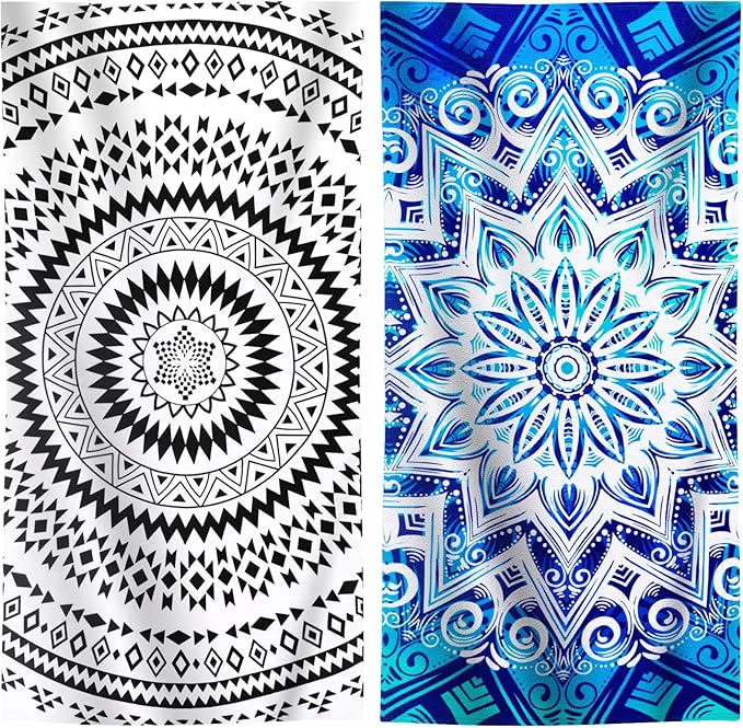 2 Packs Oversized Beach Towel Set 36 x 72 in Large Big Pool Camping Swim Clearance Soft Towels Travel Essentials Accessories Must Haves Vacation Necessities Adult Gifts Women Men Boho White Black