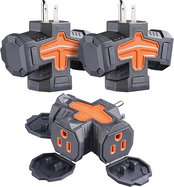 SURAIELEC Outdoor 3 Way Plug Adapter, Multi Plug Outlet Waterproof, 1 to 3 Power Splitter, Electrical 15A Multiple Plug Extender with Cover for Outside Garden Garage Cruise, Gray, ETL Listed, 3 Pack