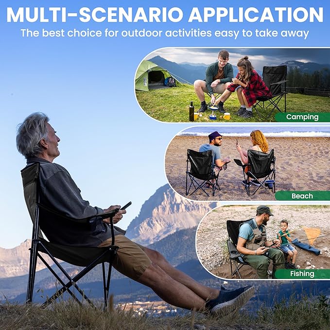 4 Pack Folding Camping Chairs for Adults,Foldable Portable Lawn Chairs with Carry Bag & Cup Holder, Compact Design for Camp,Beach, Picnics,and Fishing Supports 300LBS（Black）