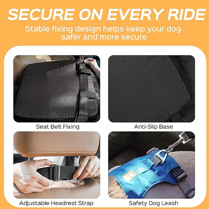 HiPetpy Dog Car Seat 6" Elevated Memory Foam Booster Seat for Small Medium Dogs Under 35 lbs with Pet Blanket, Washable Pet Car Seat with Safety Leash, Anti-Slip Base and Storage Pockets
