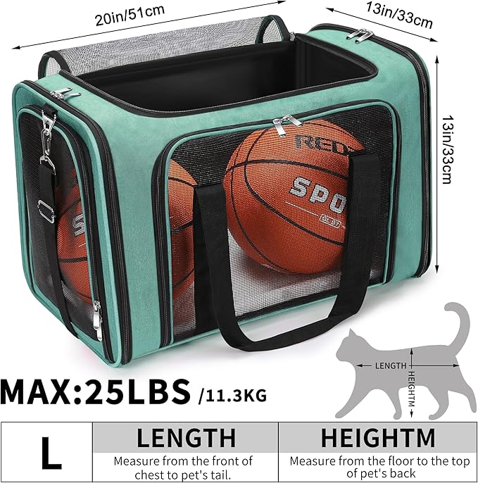 Soft-Sided Cat/Dog/Pet Carrier, Collapsible Pets Travel Carriers for Big Cats/Small Dogs with Shoulder Strap & Removable Mat, Mesh Puppy Carry Bag, Up to 25 Lbs (Turquoise)