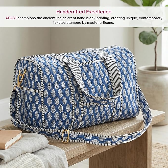 ATOSII Large Duffle Bag, Handblock Print 100% Quilted Cotton for Overnight Trip, Travel Weekender, Luggage, 2 Pockets with Zipper, 1 Front Pocket, Detachable Long Strap, 20 X 10 X 12 Inches, Celeste