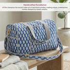 ATOSII Large Duffle Bag, Handblock Print 100% Quilted Cotton for Overnight Trip, Travel Weekender, Luggage, 2 Pockets with Zipper, 1 Front Pocket, Detachable Long Strap, 20 X 10 X 12 Inches, Celeste
