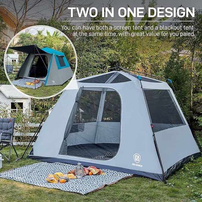 EVER ADVANCED Blackout 6 Person Camping Tent, Instant Cabin Tent for Family with Vestibule and Large Mesh Windows, 60s Easy Setup, Double Layer, Water-Resistant