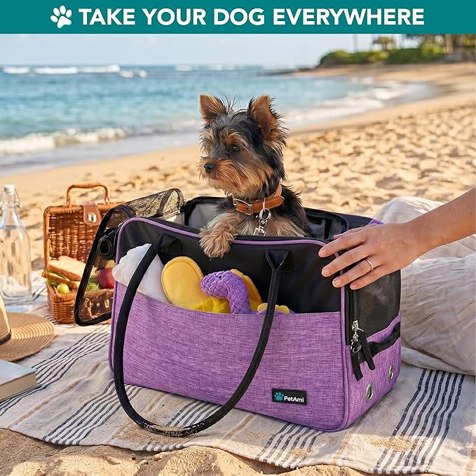 PetAmi Dog Purse Carrier for Small Dogs Cats, TSA Airline Approved Soft-Sided Pet Carrier with Pockets, Ventilated Travel Tote Bag with Bed & Shoulder Strap, Puppy Kitten, Max 12 lbs, Purple
