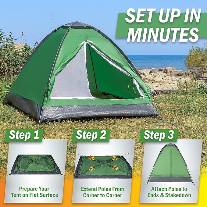 2 Person Outdoors Camping Tent with Rain Fly and Carrying Bag - Lightweight Outdoor Pop Up Tents for Camping Essentials, Music Festivals, Backpacking, Hiking, or Beach Shelter by Wakeman Outdoors