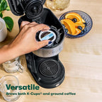 BELLA Dual Brew Single Serve Coffee Maker, Brews both Kcup and Ground Coffee, Large 14oz Capacity, Easy One Touch, Auto Shutoff, Black