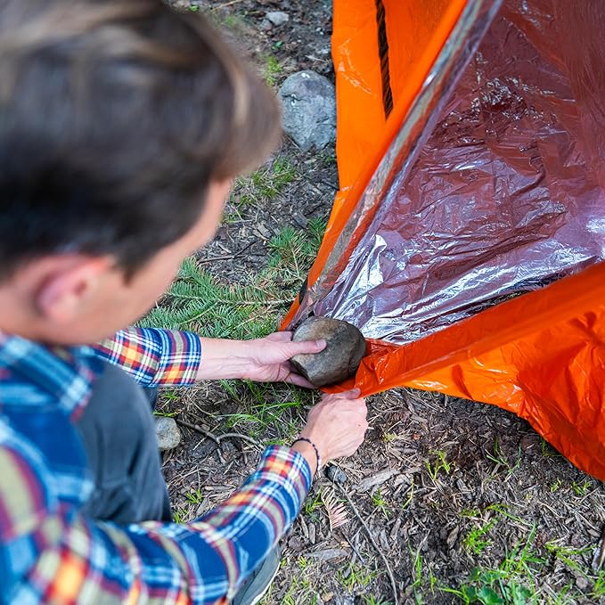 SURVIVE Survival Tent with Doors, 2 Person Mylar Emergency Camping Hiking Shelter for Survival Kits, All Weather Thermal Protection, Includes 22 ft of Paracord and Whistle