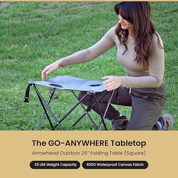 ARROWHEAD OUTDOOR 2-Pack 26” (66cm) Heavy-Duty Portable Camping Folding Table, 2 Cup Holders, Compact, Square, Carrying Case Included, Steel Frame, High-Grade 600D Canvas