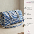 ATOSII Large Duffle Bag, Handblock Print 100% Quilted Cotton for Overnight Trip, Travel Weekender, Luggage, 2 Pockets with Zipper, 1 Front Pocket, Detachable Long Strap, 20 X 10 X 12 Inches, Celeste