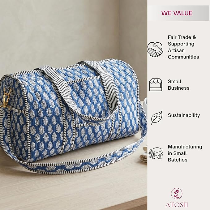 ATOSII Large Duffle Bag, Handblock Print 100% Quilted Cotton for Overnight Trip, Travel Weekender, Luggage, 2 Pockets with Zipper, 1 Front Pocket, Detachable Long Strap, 20 X 10 X 12 Inches, Celeste