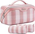 BOYATU Travel Makeup Bag Organizer Cosmetic Bag: 3 Pcs Set Make up Bags for Women with Handle - Waterproof Vegan Leather Toiletry Bags Travel Essentials Pouch with Compartments (F-03-Pink)