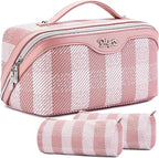 BOYATU Travel Makeup Bag Organizer Cosmetic Bag: 3 Pcs Set Make up Bags for Women with Handle - Waterproof Vegan Leather Toiletry Bags Travel Essentials Pouch with Compartments (F-03-Pink)