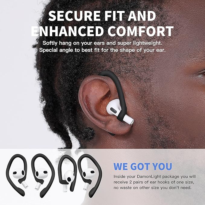 Ear Hooks 2 Pairs for AirPods Pro 2 & 1, AirPods 4 & 3, Anti-Slip Comfortable Fit, Ergonomic Design, Accessories (Medium, Black)