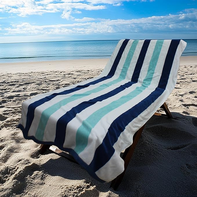 COTTON CRAFT Oversized Beach Towel - 2 Pack 35 x 70 inches XL Beach Towel - 100% Cotton Velour - Big & Huge - Thick Plush 450 GSM Super Soft Luxury Towel - Pool Picnic Bath - Cabana Stripe Blue