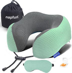 napfun Neck Pillow for Travel with Travel Pouch, Sleep Mask & Earplugs, Memory Foam Airplane Pillow for Headrest Sleep with Eyeshades, Plane Essentials with Eye Blindfold, Turquoise Striped Kit