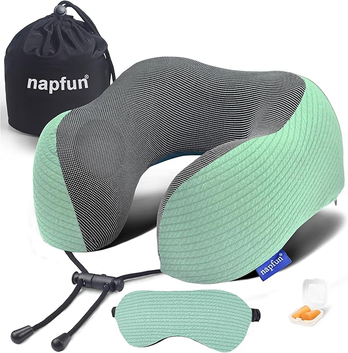 napfun Neck Pillow for Travel with Travel Pouch, Sleep Mask & Earplugs, Memory Foam Airplane Pillow for Headrest Sleep with Eyeshades, Plane Essentials with Eye Blindfold, Turquoise Striped Kit