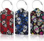 3 Pack PU Sugar Skull and Flowers Leahter Luggage Tag with Stainless Steel Loop,Travel Suitcase Labels with Privacy Cover ID Label Quickly Spot for Bags